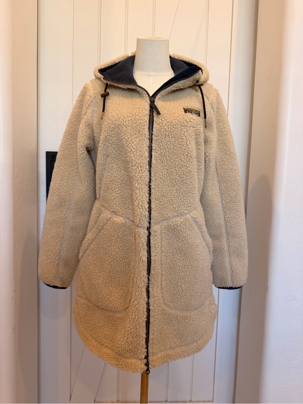 L.L. Bean Cream Sherpa Hooded Zip Jacket with Navy Trim
